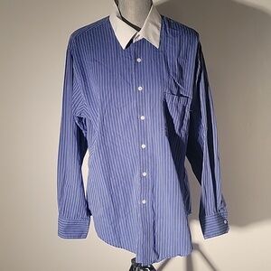 Van Heusen Mens Fitted Blue & White Pinstripes Dress Shirt, Size: 17.5